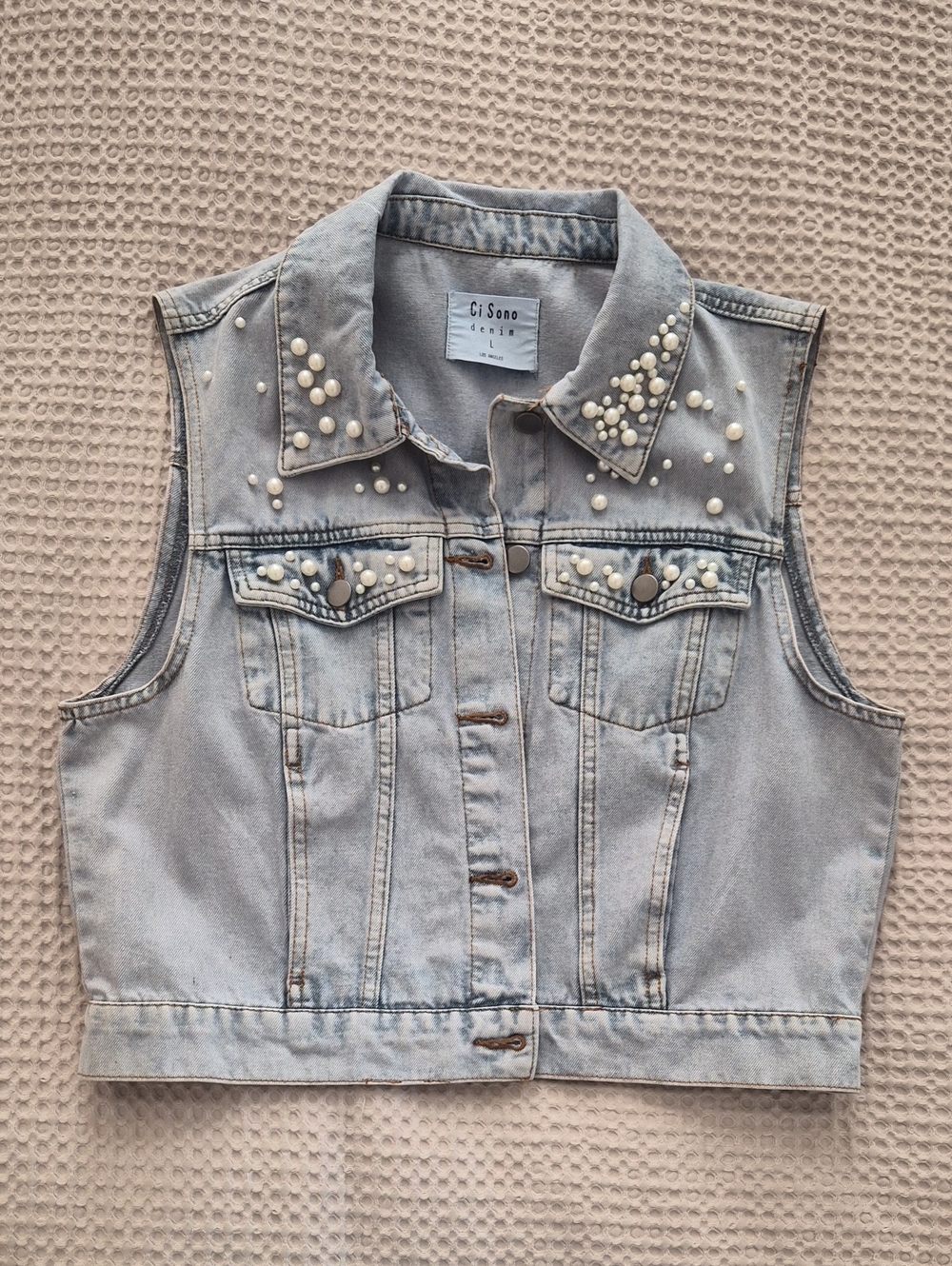 Ci Sono Light Blue Denim Pearl-Embellished Sleeveless Vest
